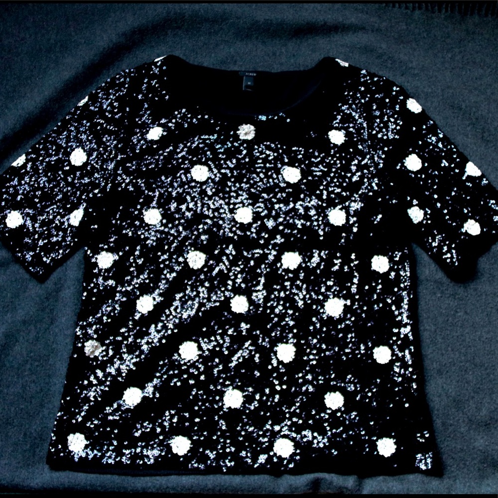J Crew Holiday Black Sequin White Polka Dot Top